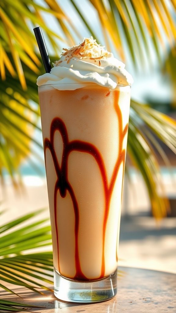 A creamy Bushwacker cocktail garnished with whipped cream and shredded coconut, surrounded by a tropical setting.